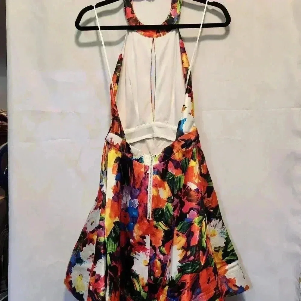 NWT Luxxel Mini Fit & Flare Halter Dress Womens‎ S Multicolor Keyhole Open Back